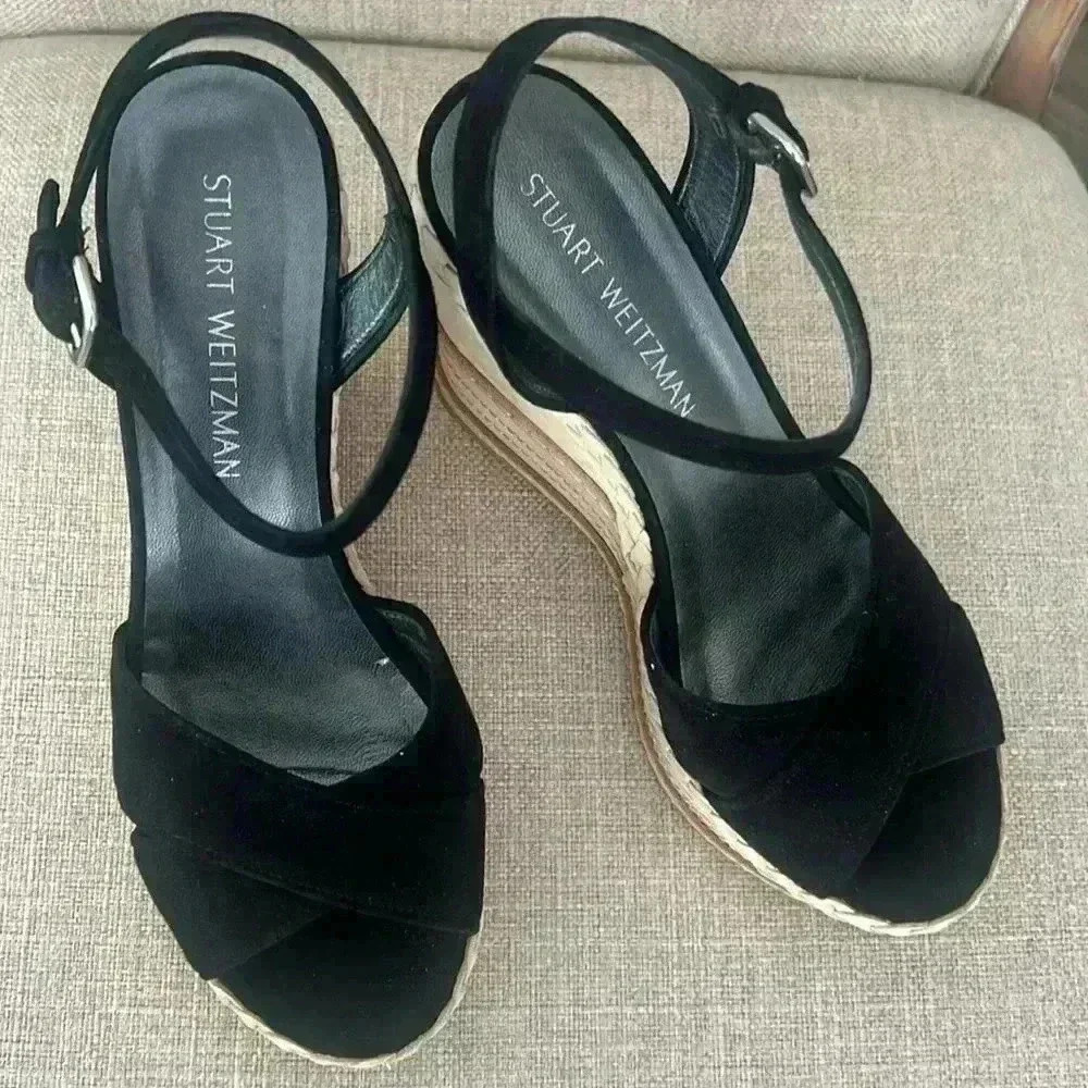 Stewart Weitzman, black and cream suede wedge sandals